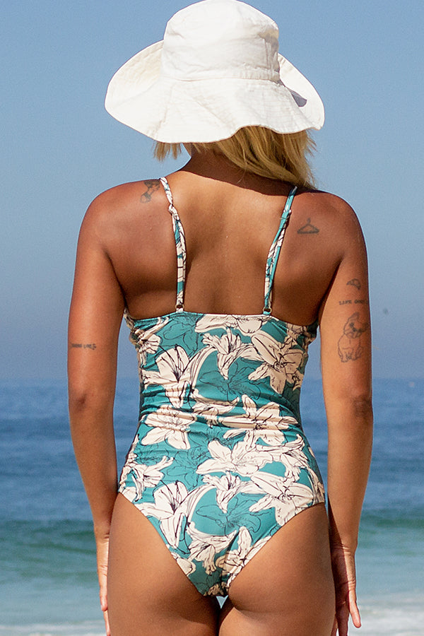 Floral Print V Neck One Piece Swimsuit