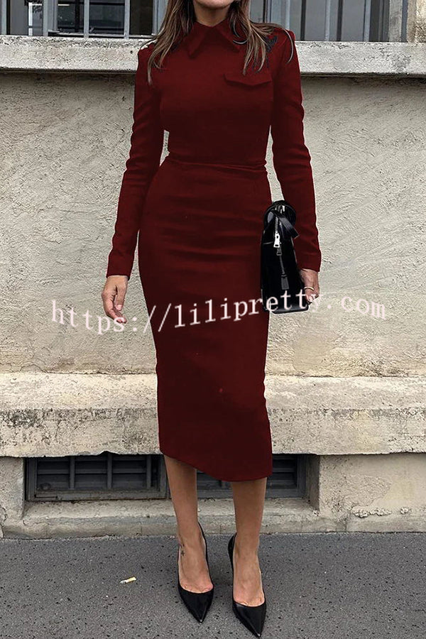 Classic Temperament Turn Down Collar Long Sleeve Formal Midi Dress