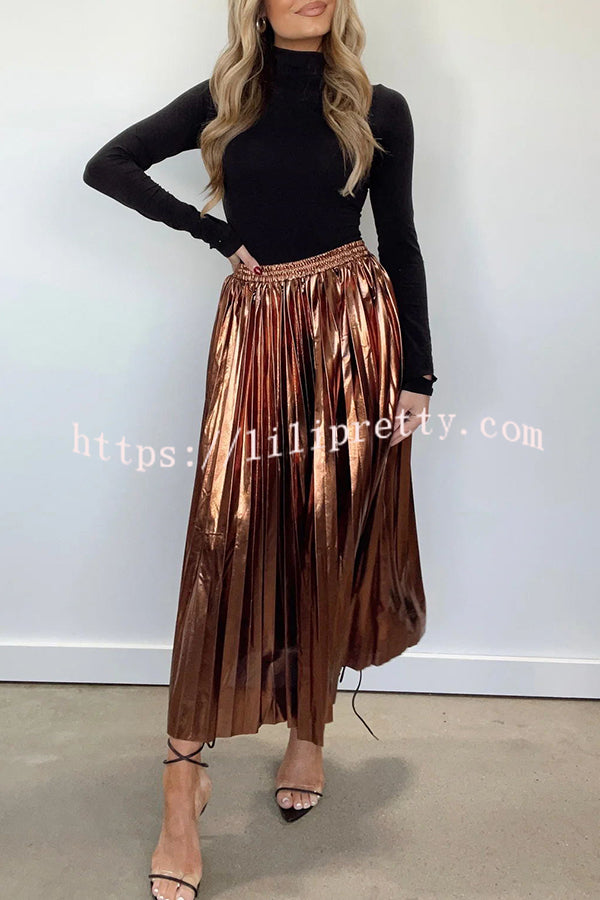 Yuletide Glow  Metallic Fabric Pleated Elastic Waist Midi Skirt