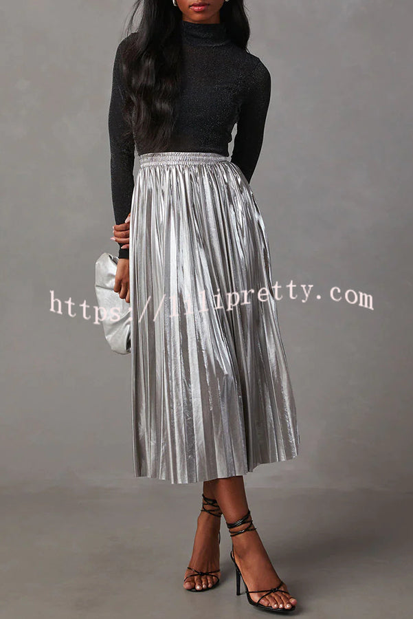 Yuletide Glow  Metallic Fabric Pleated Elastic Waist Midi Skirt