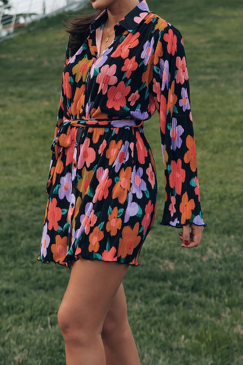 Casual Print Patchwork Turndown Collar Shirt Dress Dresses