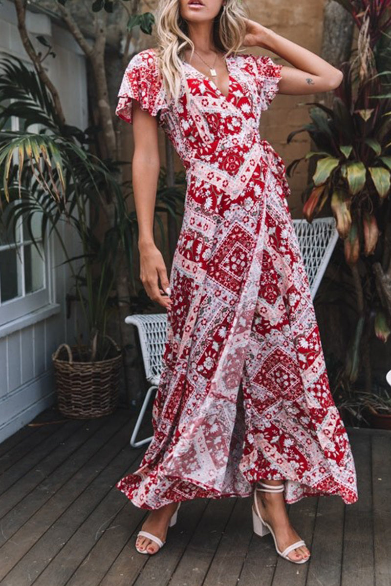 Sexy Elegant Print V Neck A Line Dresses