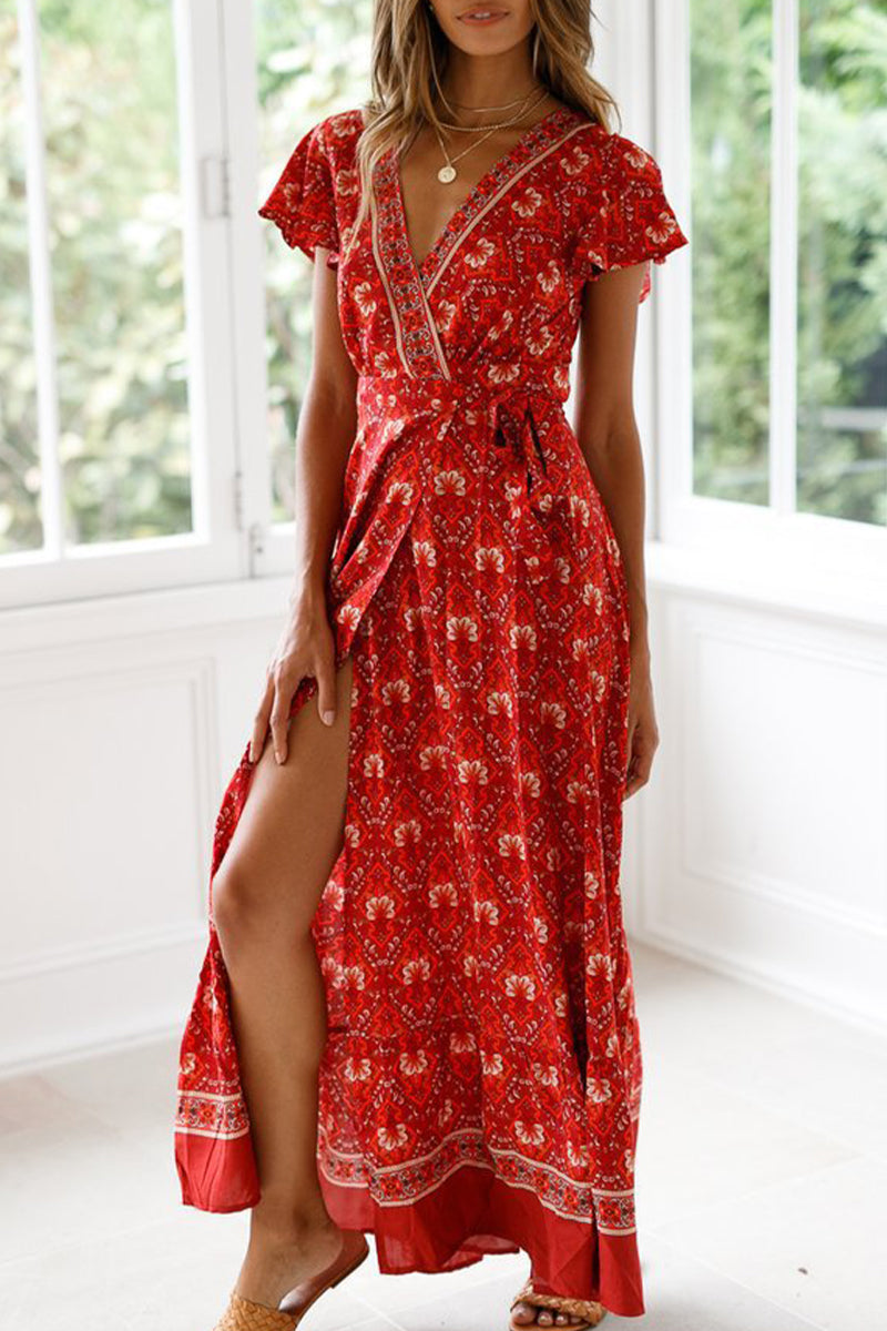 Sexy Elegant Print V Neck A Line Dresses