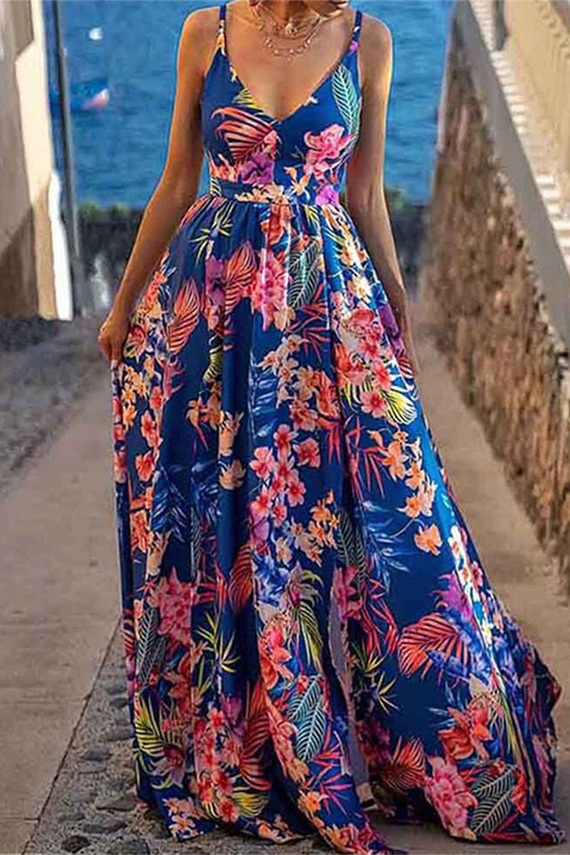 Sexy Elegant Floral Patchwork V Neck Printed Dresses(4 Colors)