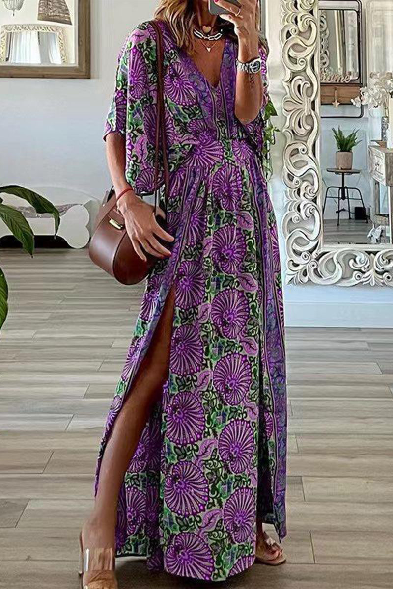 Bohemian Vintage Print Slit V Neck A Line Dresses