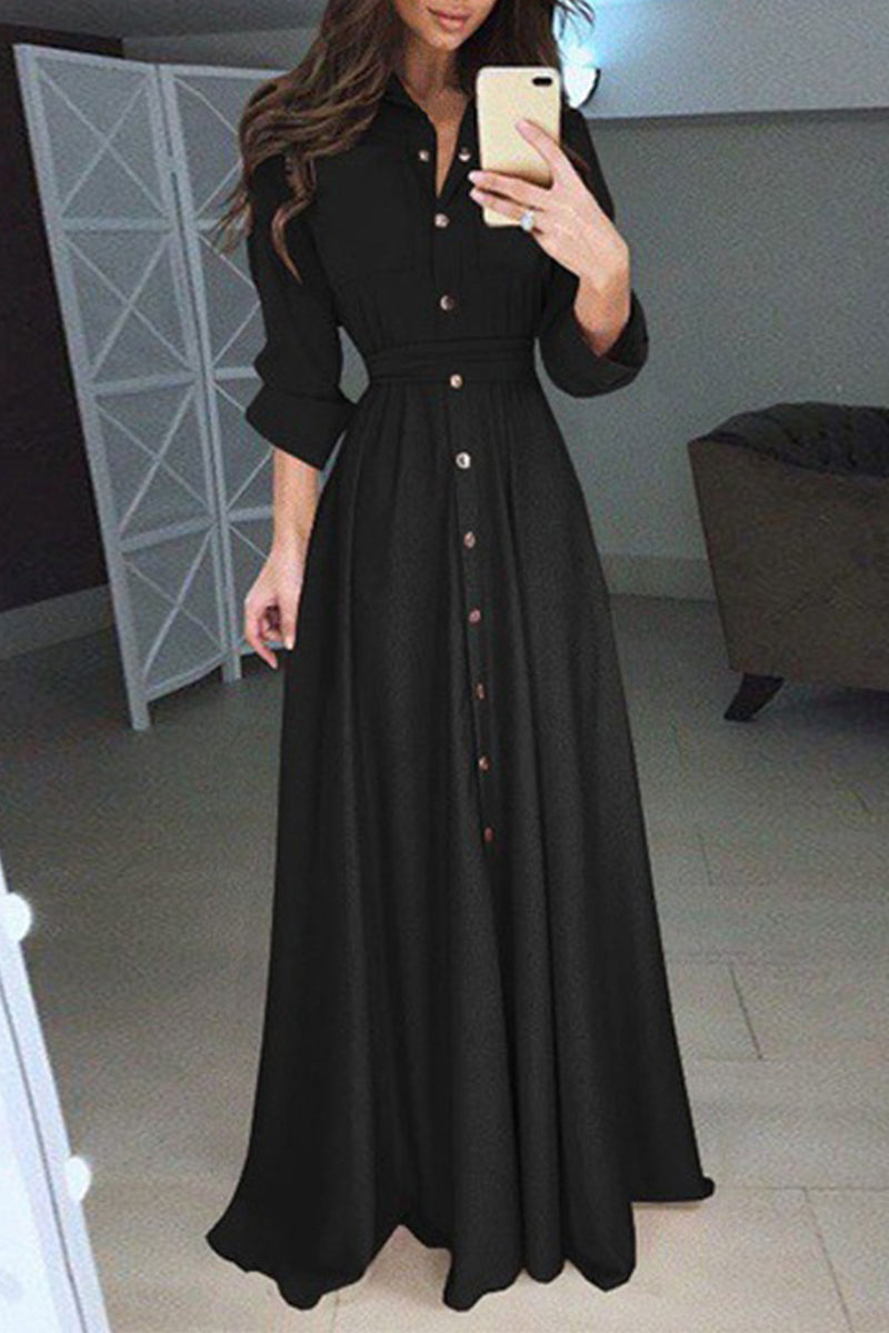 Elegant Solid Frenulum Turndown Collar Shirt Dress Dresses