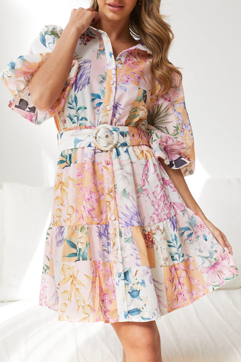 Bohemian Floral With Belt Turndown Collar A Line Dresses