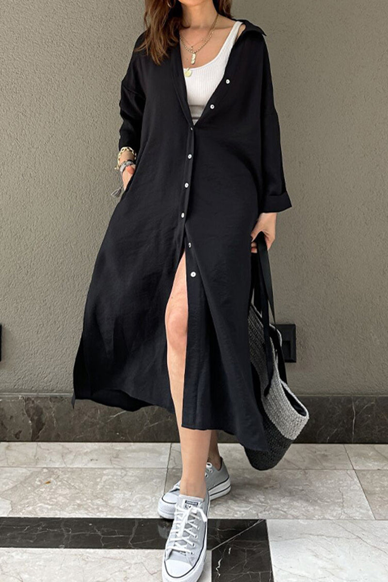 Casual Solid Buckle POLO collar Shirt Dress Dresses