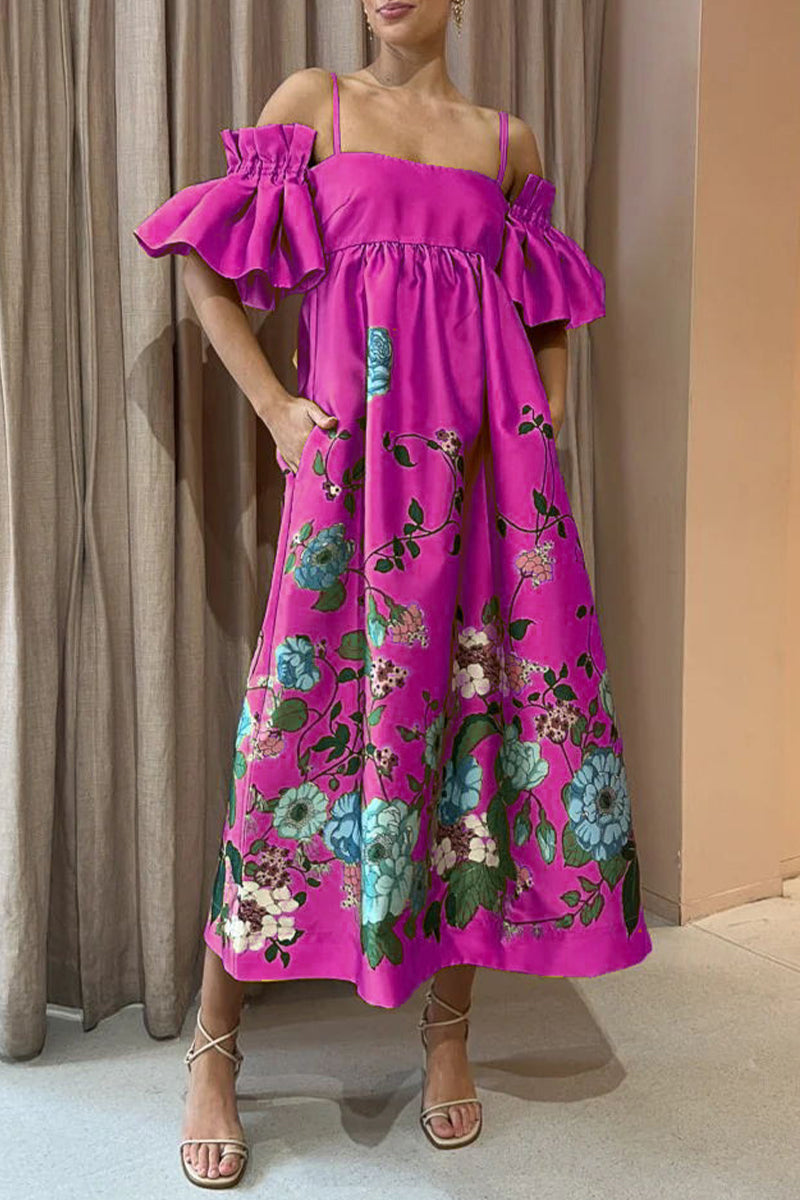 Casual Floral Pocket Off the Shoulder A Line Dresses(5 Colors)
