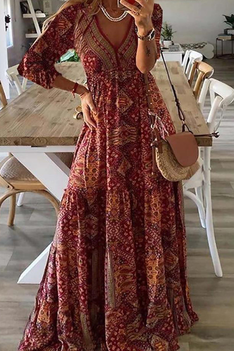 Elegant College Geometric Printing V Neck Long Sleeve Dresses