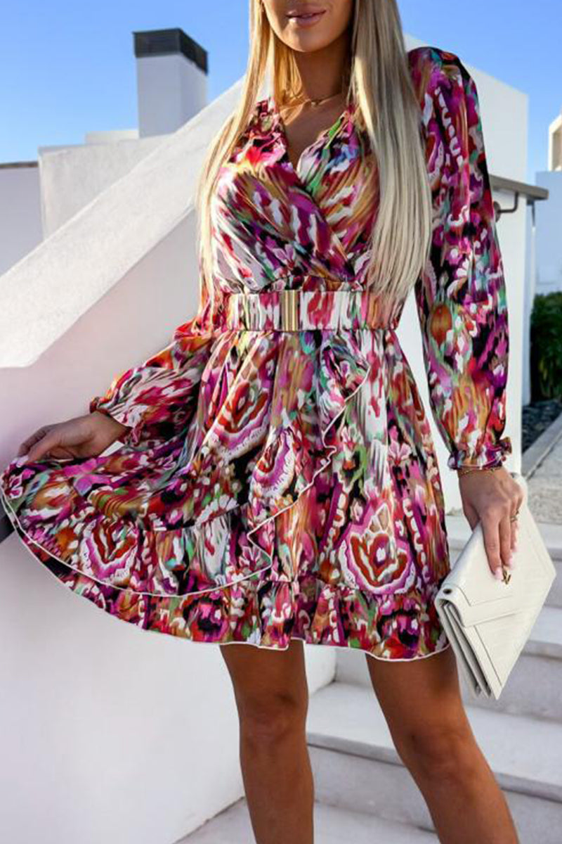 Elegant Floral Flounce V Neck Irregular Dress Dresses