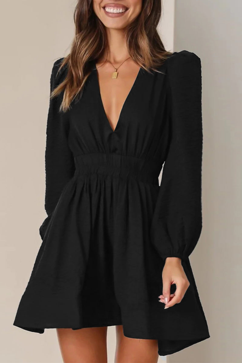 Casual Solid Fold V Neck Pleated Dresses