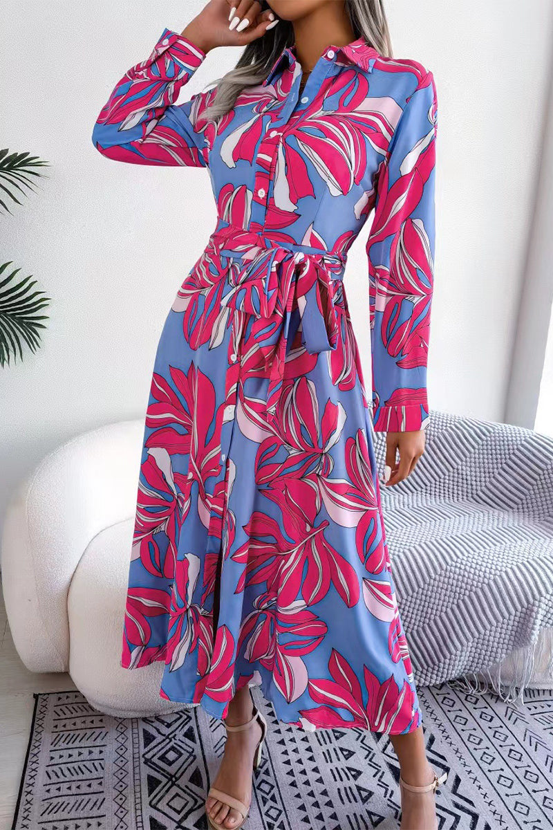 Elegant Floral Patchwork Turndown Collar A Line Dresses