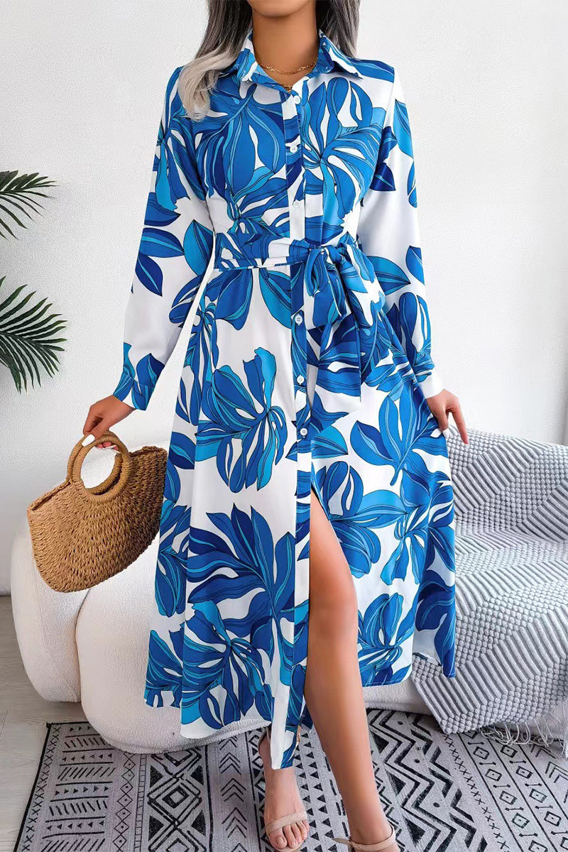 Elegant Floral Patchwork Turndown Collar A Line Dresses