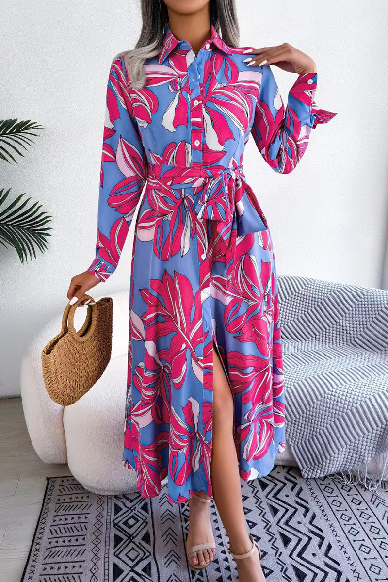 Elegant Floral Patchwork Turndown Collar A Line Dresses