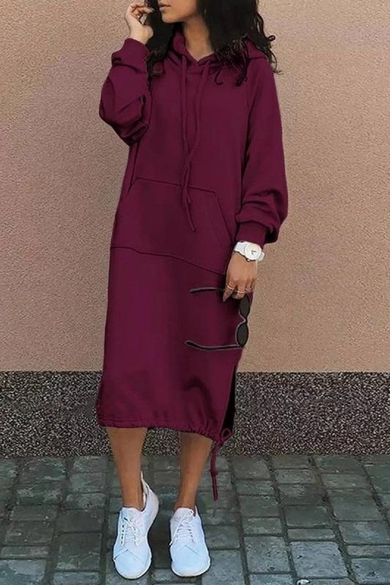 Casual Solid Patchwork Hooded Collar Long Sleeve Dresses(7 Colors)