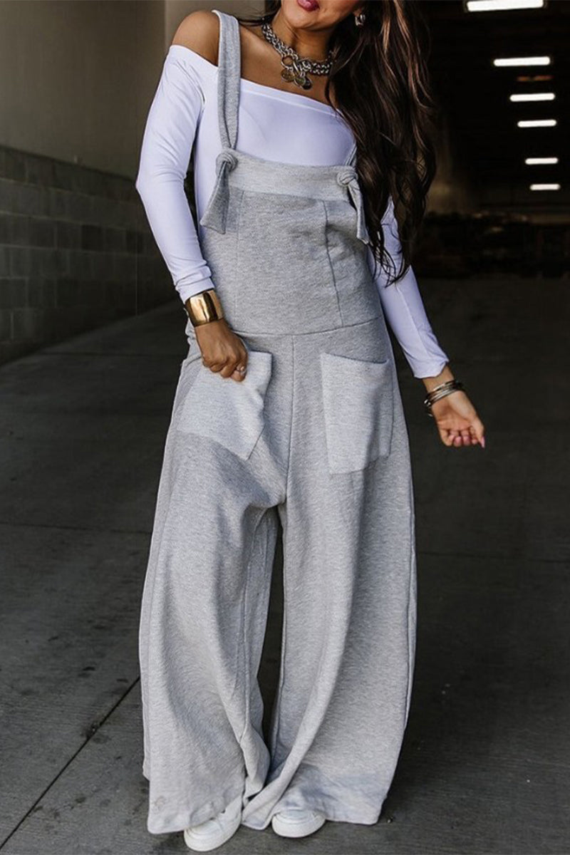 Casual Solid Pocket U Neck Loose Jumpsuits