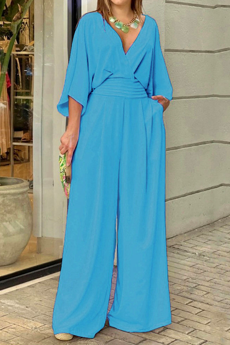 Elegant Solid Fold V Neck Loose Jumpsuits