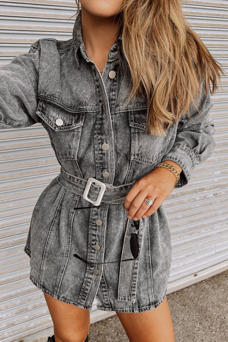 Casual Street Solid Pocket With Belt Turndown Collar Long Sleeve Denim Dresses