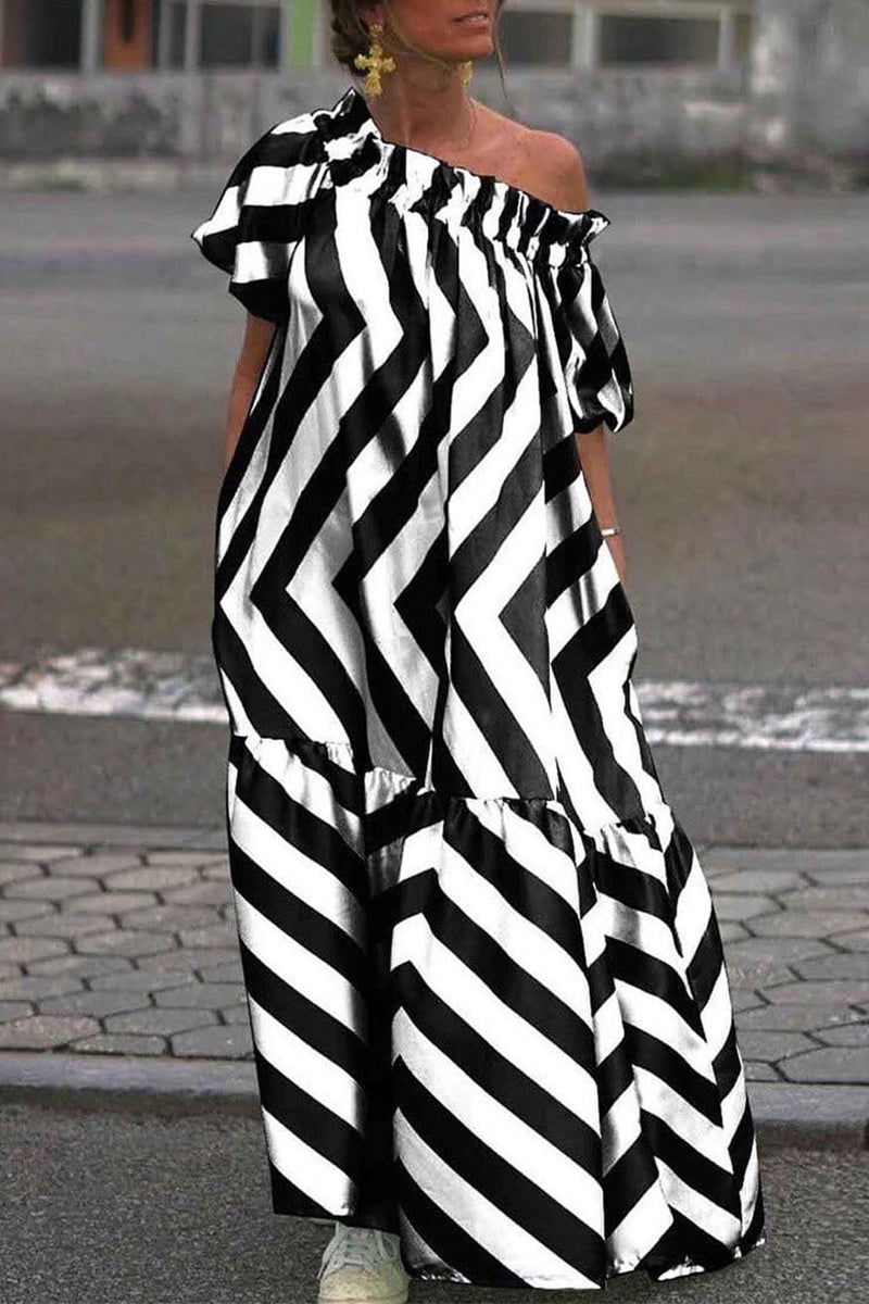 Casual Striped Contrast Off the Shoulder Printed Dresses