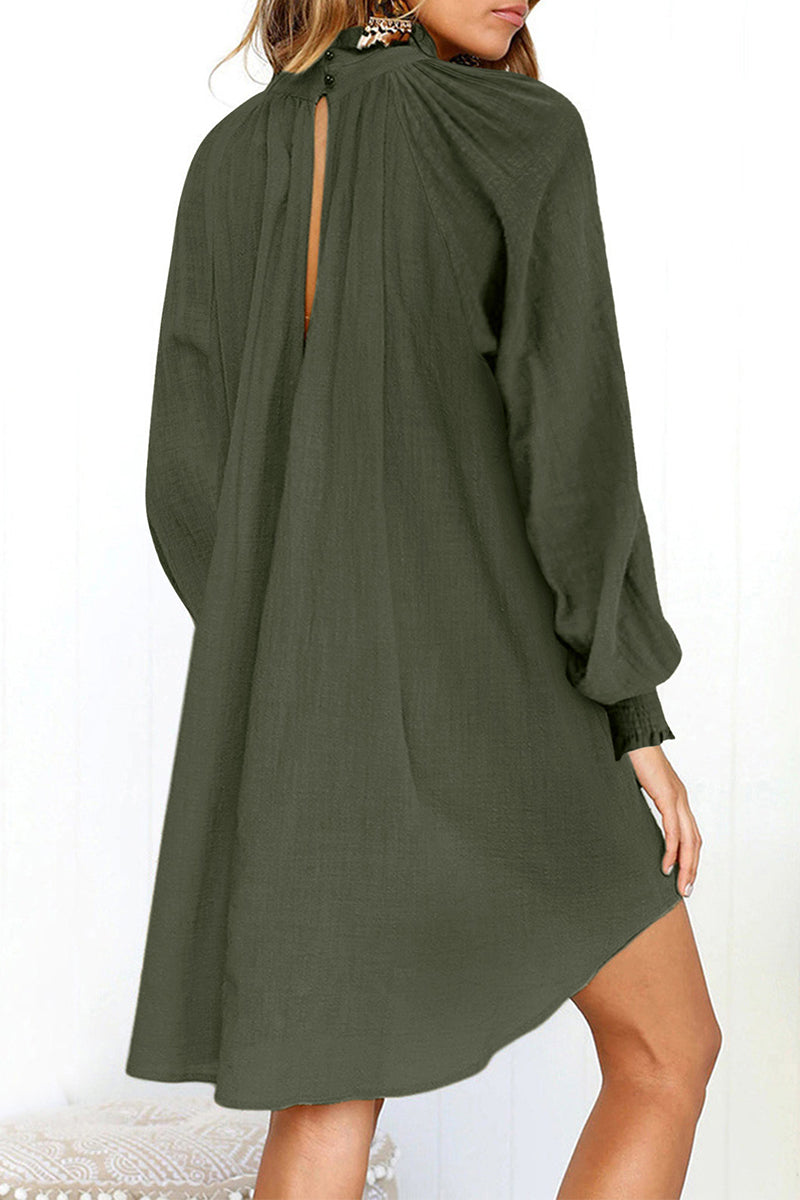 Casual Simplicity Solid Fold Turtleneck Long Sleeve Dresses(4 Colors)