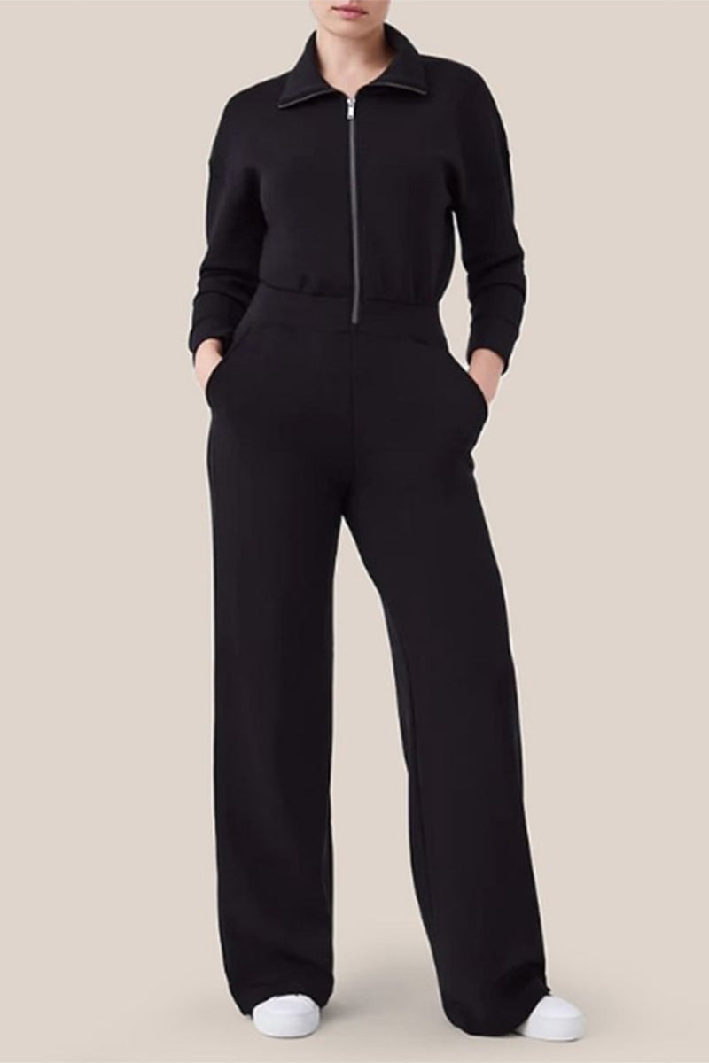 Casual Simplicity Solid Pocket Zipper Turndown Collar Jumpsuits