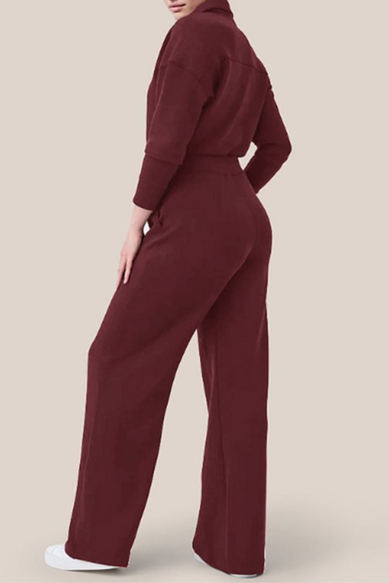 Casual Simplicity Solid Pocket Zipper Turndown Collar Jumpsuits