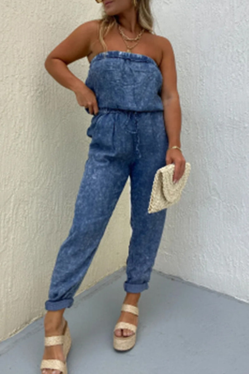 Casual Solid Make Old Pocket Strapless Regular Jumpsuits