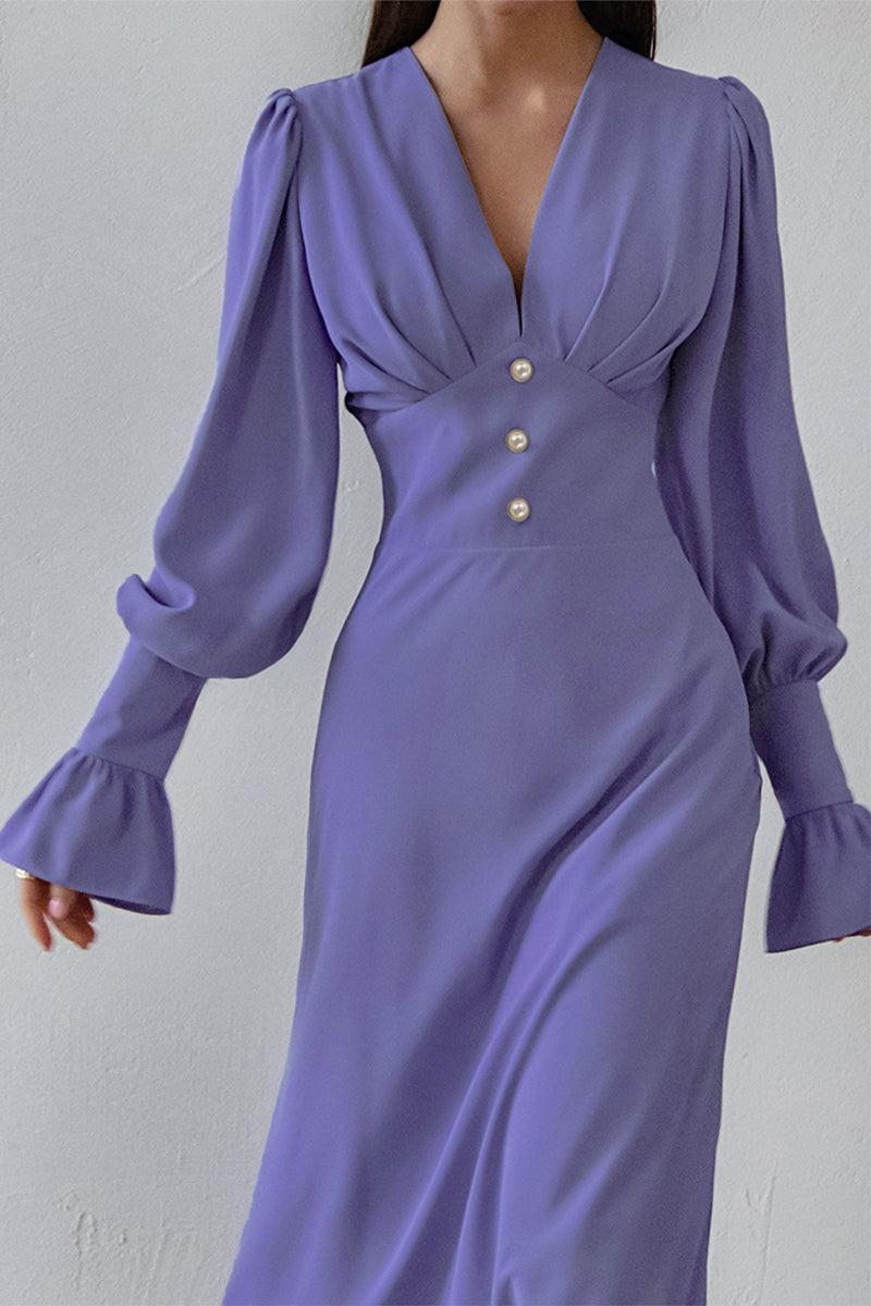 Elegant Simplicity Solid Buttons V Neck A Line Dresses