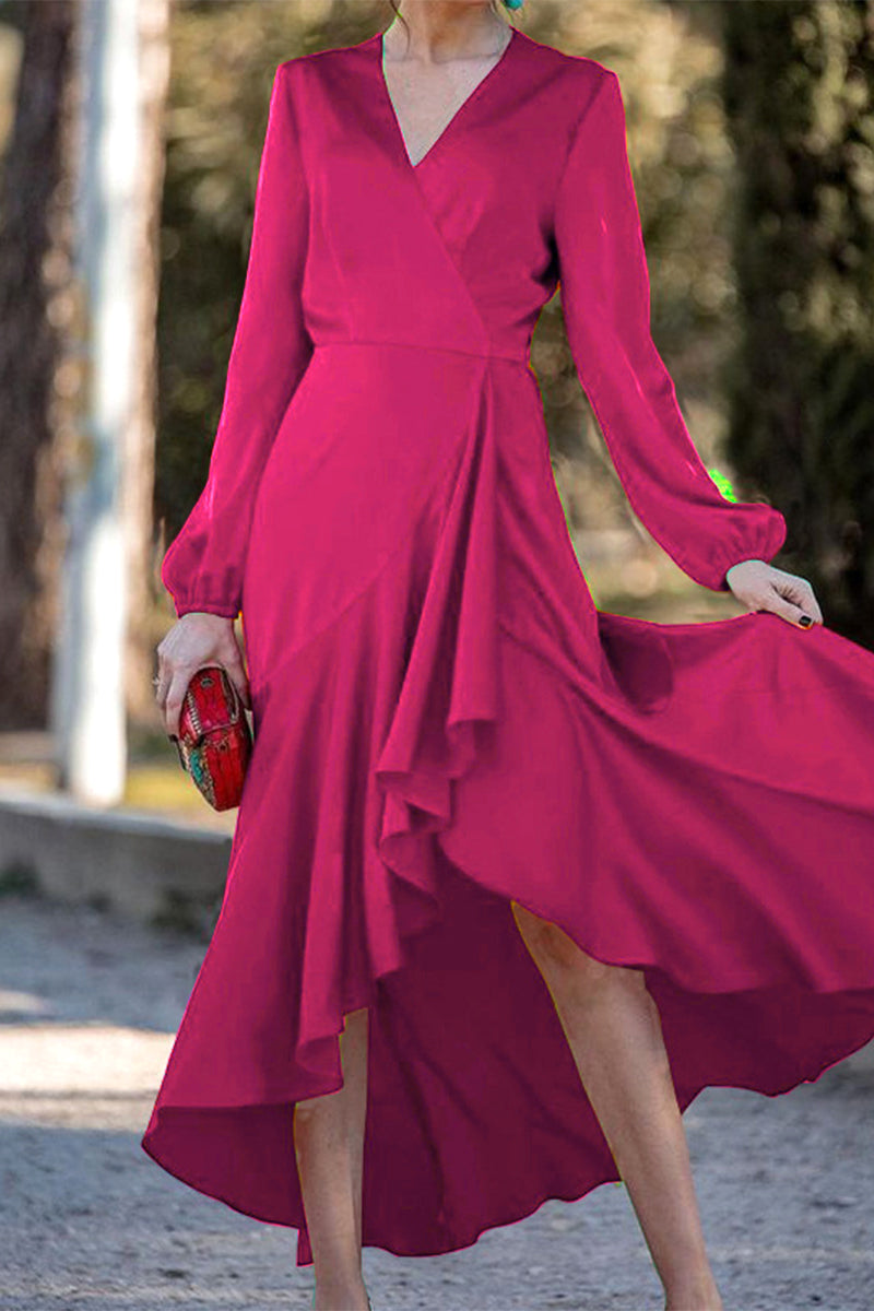 Elegant Solid Flounce V Neck A Line Dresses