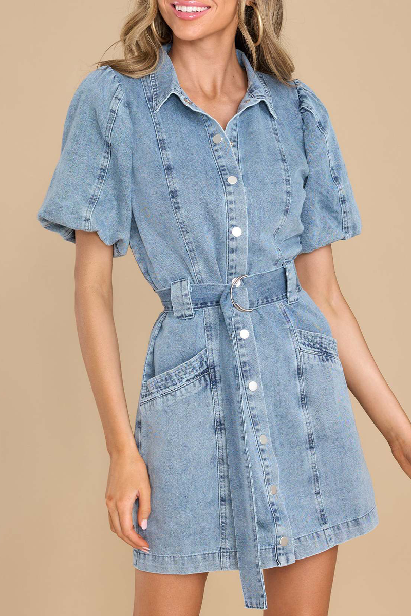 Casual Solid Pocket Turndown Collar Long Sleeve Denim Dresses