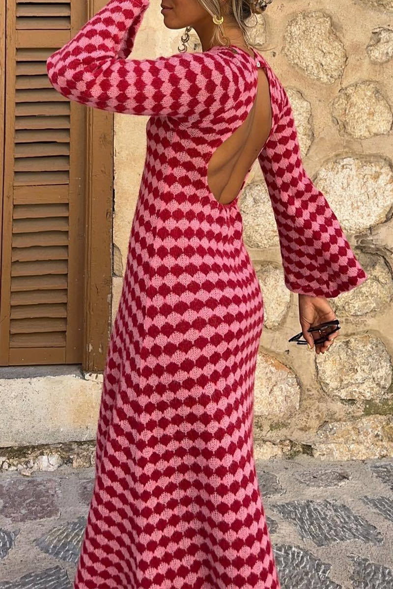 Sexy Plaid Backless Contrast Weave O Neck A Line Dresses