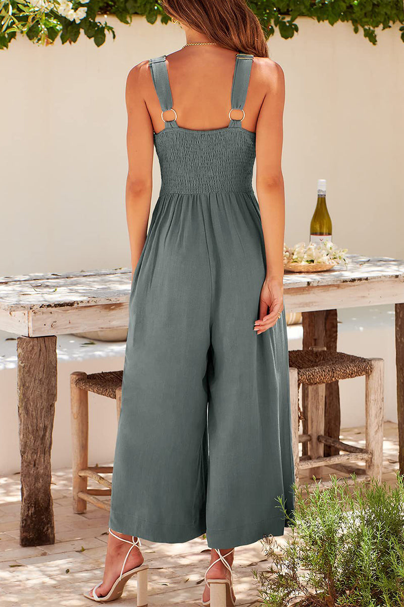 Casual Simplicity Solid Pocket Backless V Neck Loose Jumpsuits(13 Colors)