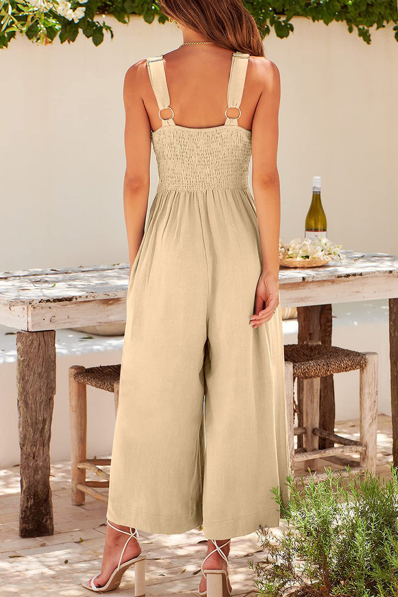 Casual Simplicity Solid Pocket Backless V Neck Loose Jumpsuits(13 Colors)