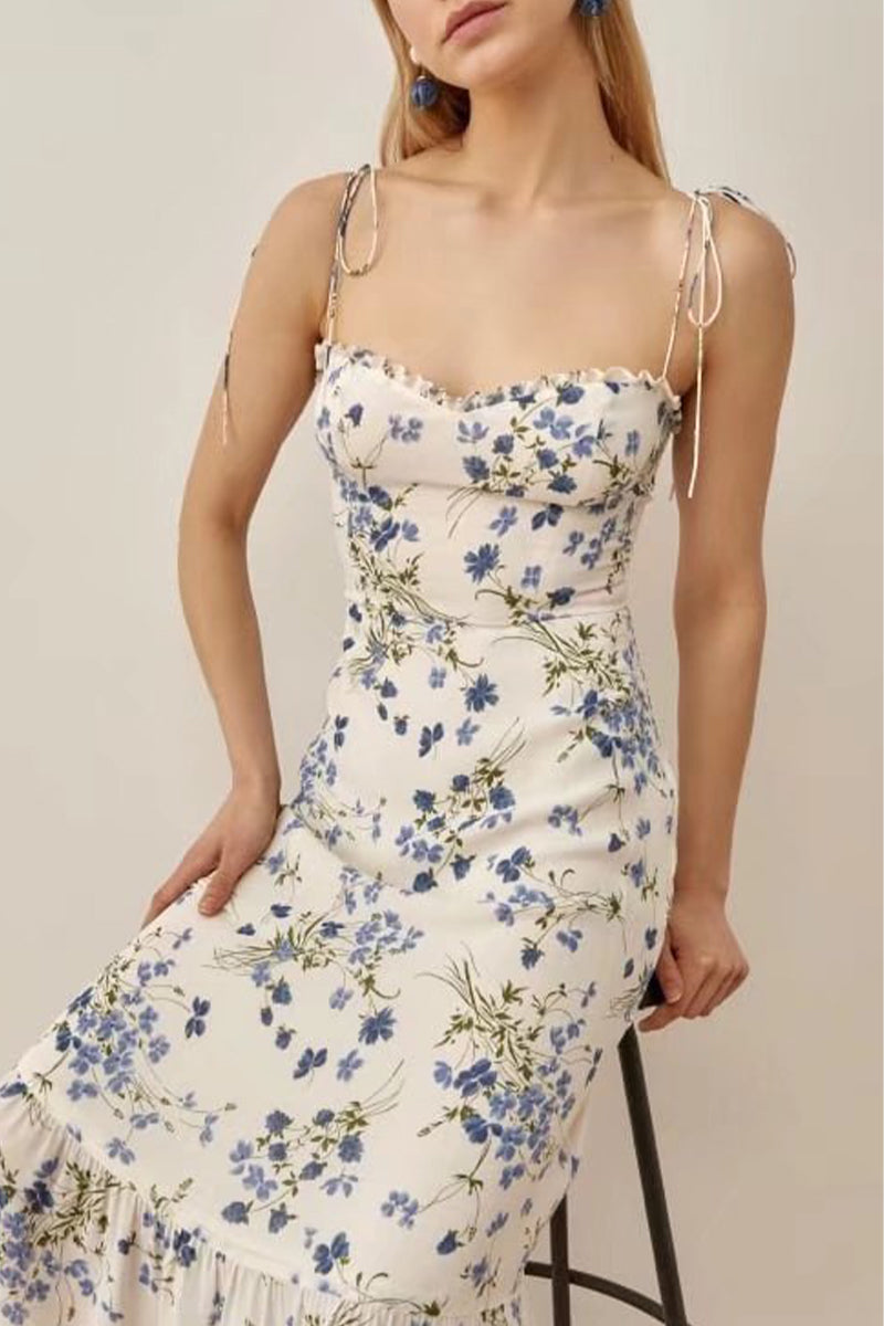 Sweet Elegant Floral Frenulum V Neck Waist Skirt Dresses