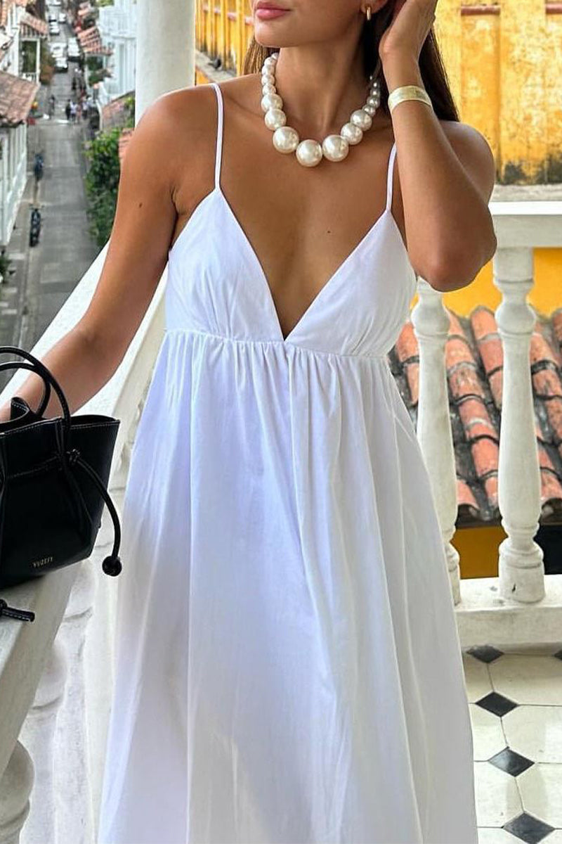 Sexy Simplicity Solid Backless Fold V Neck Sling Dress Dresses