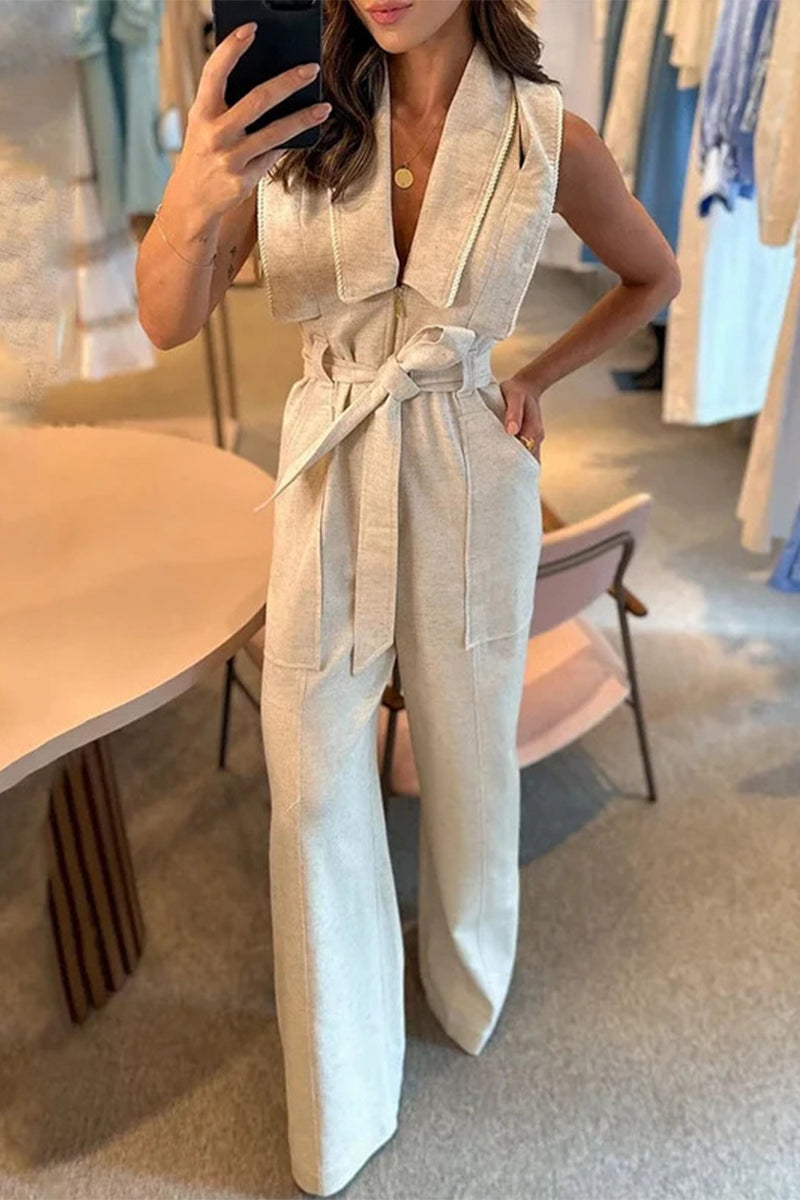 Casual British Style Solid Bandage Turndown Collar Regular Jumpsuits