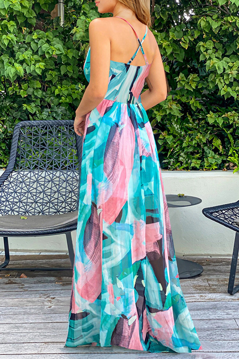 Sexy Vacation Floral Backless V Neck A Line Dresses