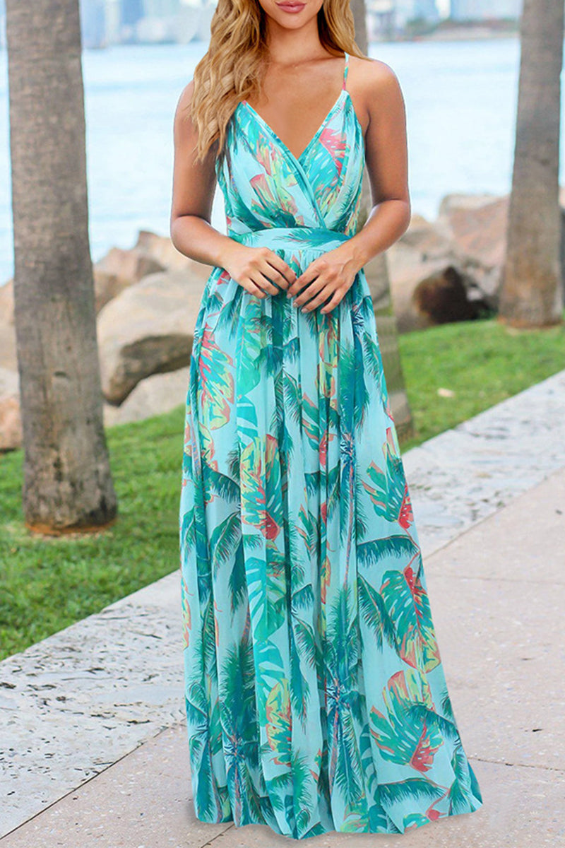 Sexy Vacation Floral Backless V Neck A Line Dresses