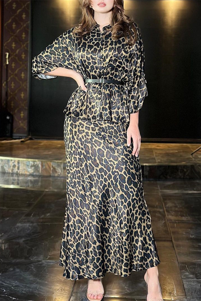 Elegant Leopard With Belt Turndown Collar Long Sleeve Two Pieces
