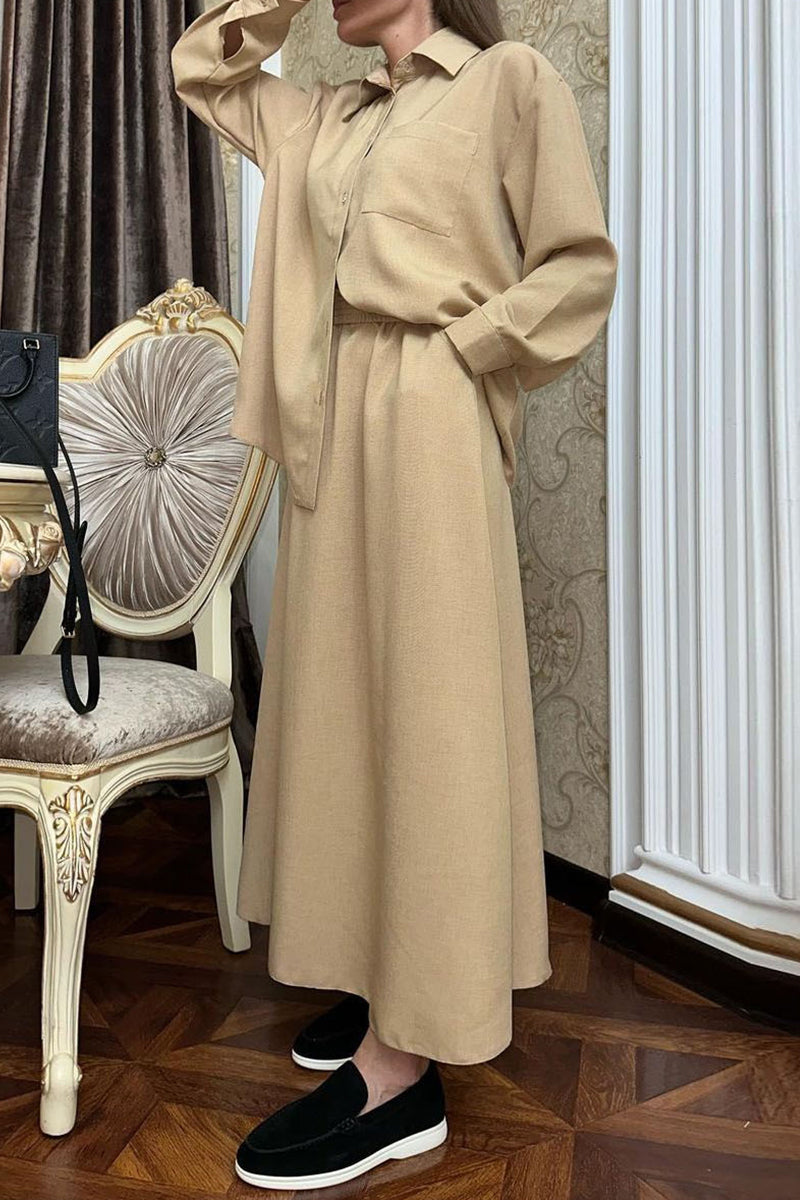 Sweet Elegant Solid Buttons Turndown Collar Long Sleeve Two Pieces