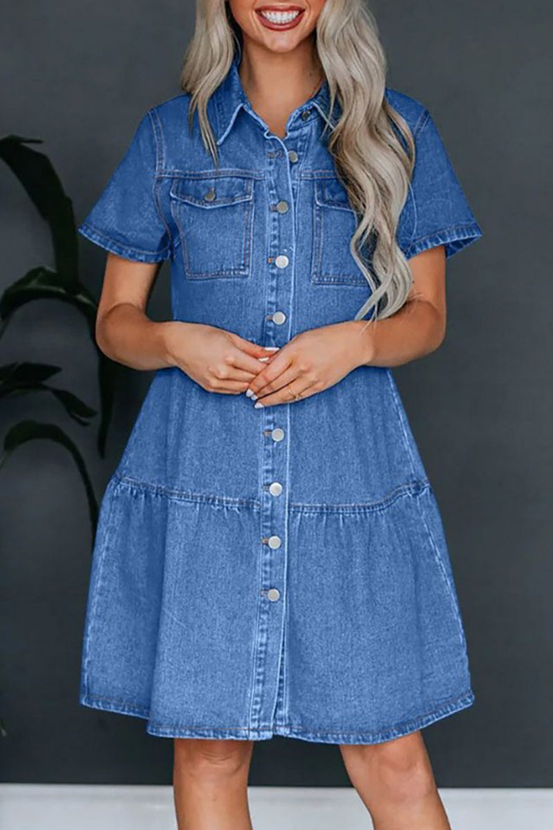 Casual Solid Pocket Buckle Turndown Collar Short Sleeve Loose Denim Dresses