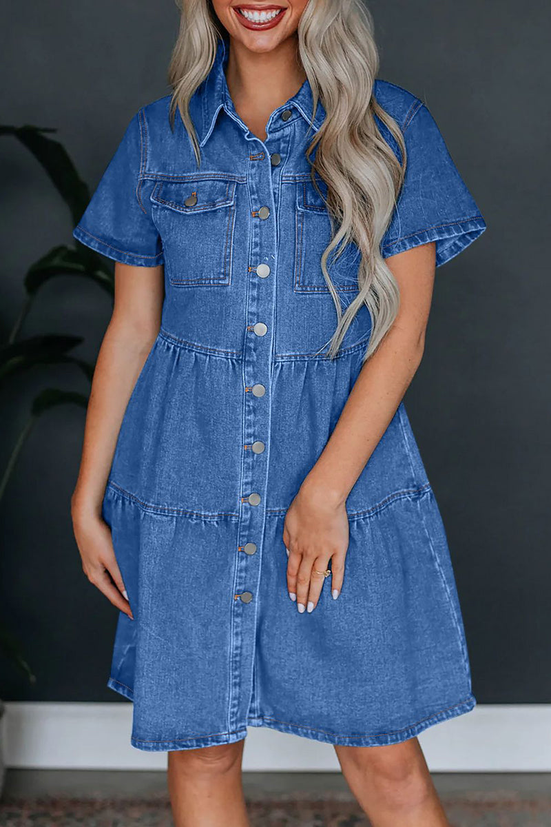 Casual Solid Pocket Buckle Turndown Collar Short Sleeve Loose Denim Dresses