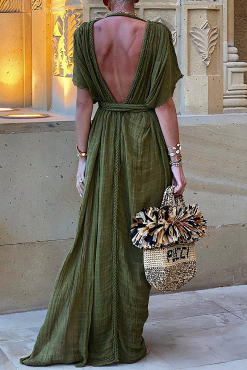 Casual Solid Backless V Neck Beach Dresses