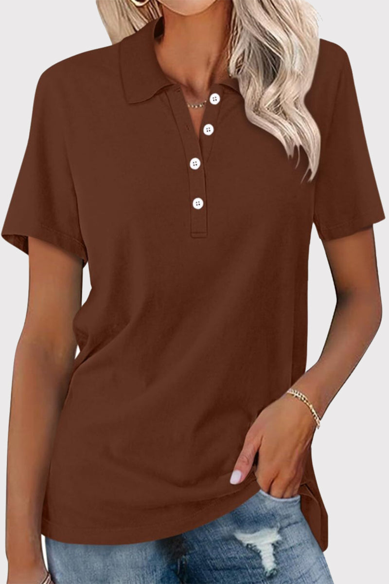 Casual Simplicity Solid Buckle Turndown Collar T-Shirts