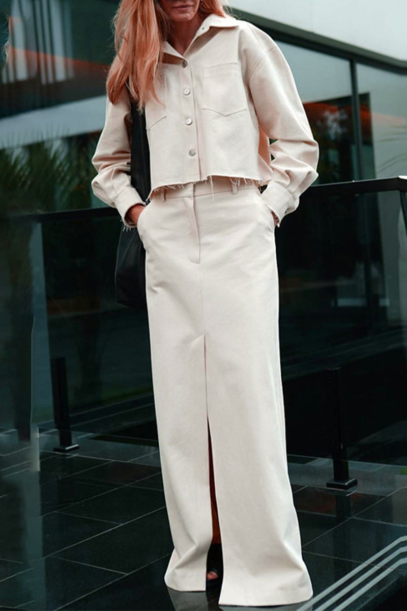 Casual Elegant Solid Pocket Turndown Collar Long Sleeve Two Pieces