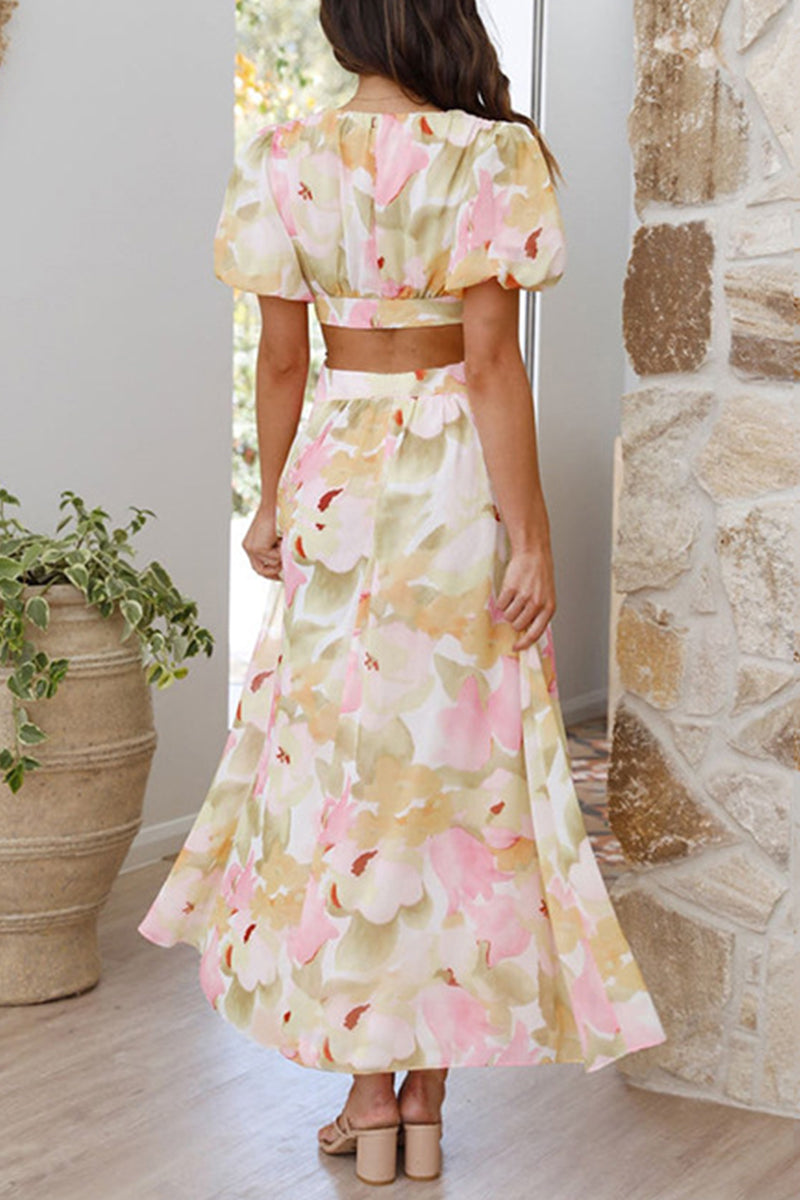 Sweet Elegant Floral Backless V Neck A Line Dresses