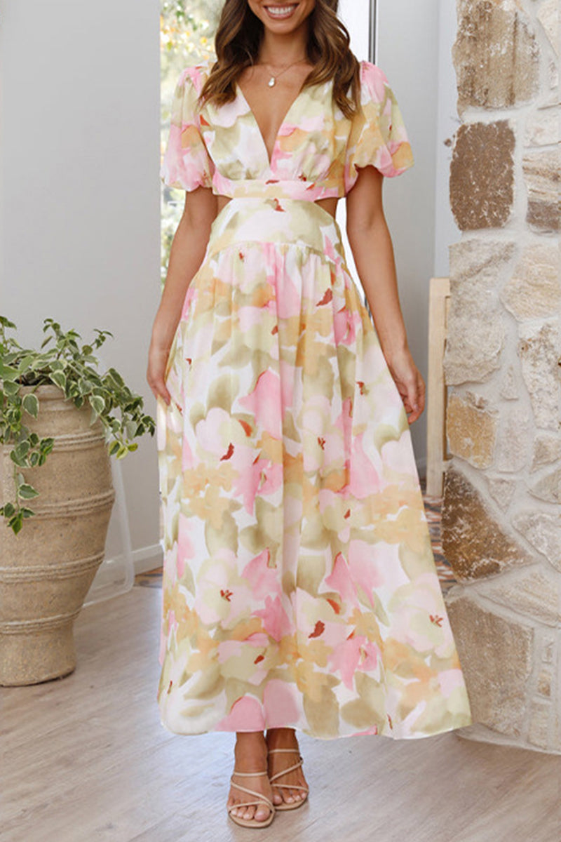 Sweet Elegant Floral Backless V Neck A Line Dresses