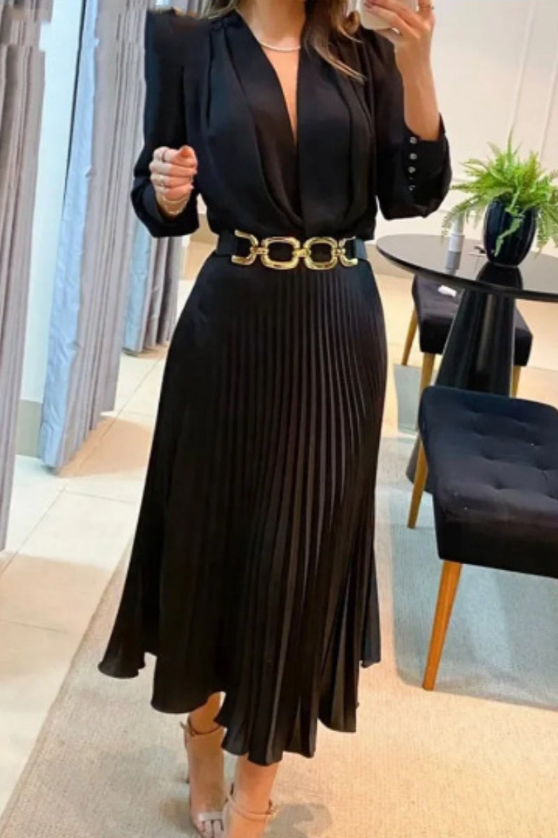 Casual Solid Patchwork V Neck Long Sleeve Dresses (Without Belt)