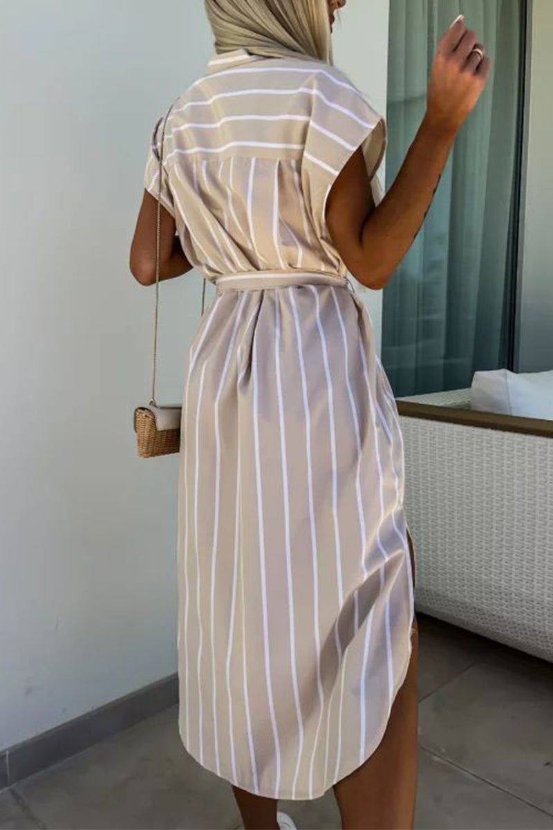 Elegant Striped Bandage Pocket Buckle Turndown Collar Shirt Dresses
